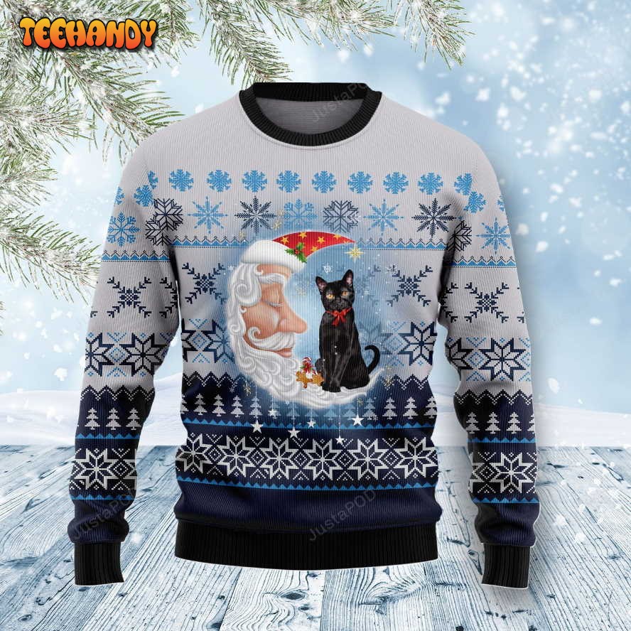 Back Cat Love Santa Moon Ugly Christmas Sweater, Ugly Sweater