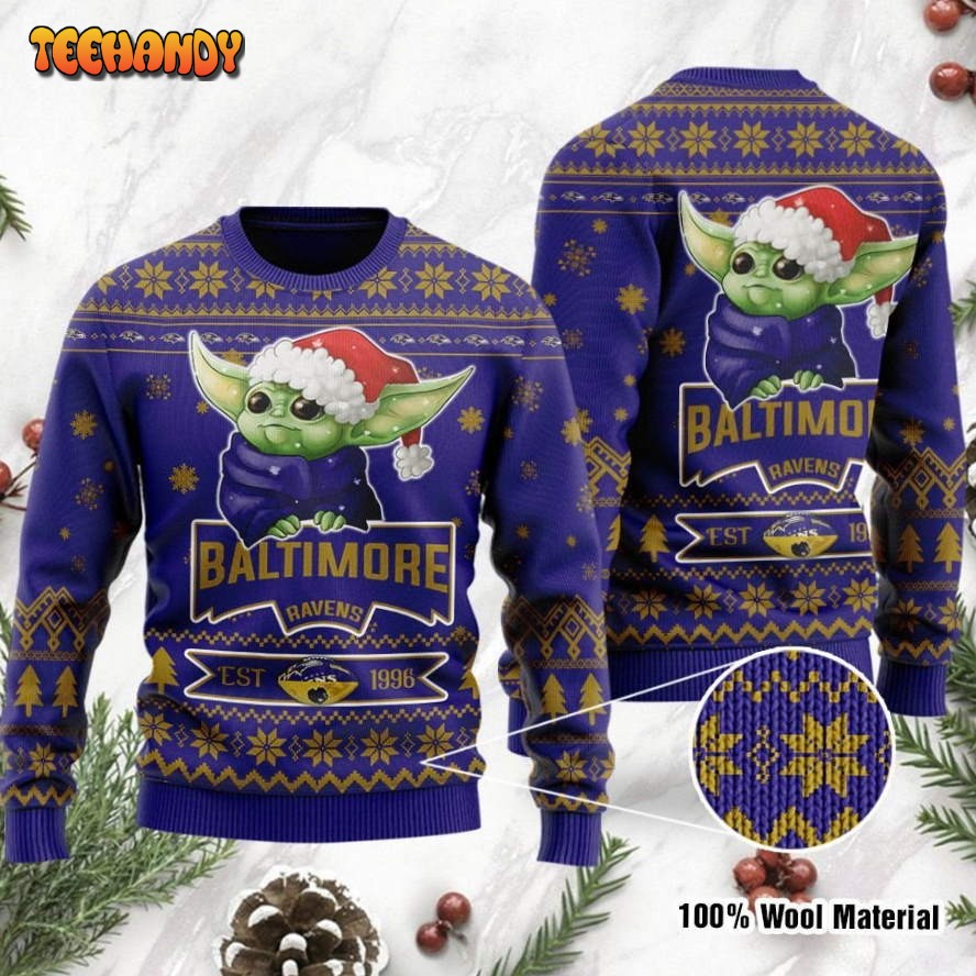 Baltimore Ravens Cute Baby Yoda Grogu Holiday Party Ugly Christmas Sweater