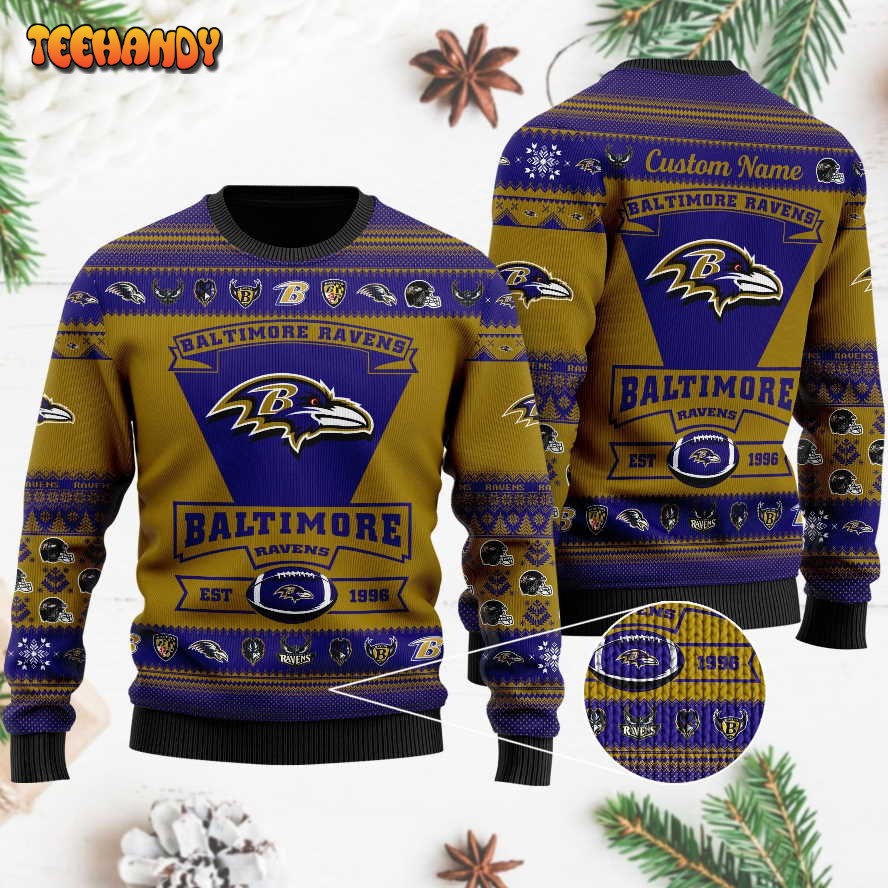 Baltimore Ravens Football Team Logo Custom Name Personalized Ugly Sweater