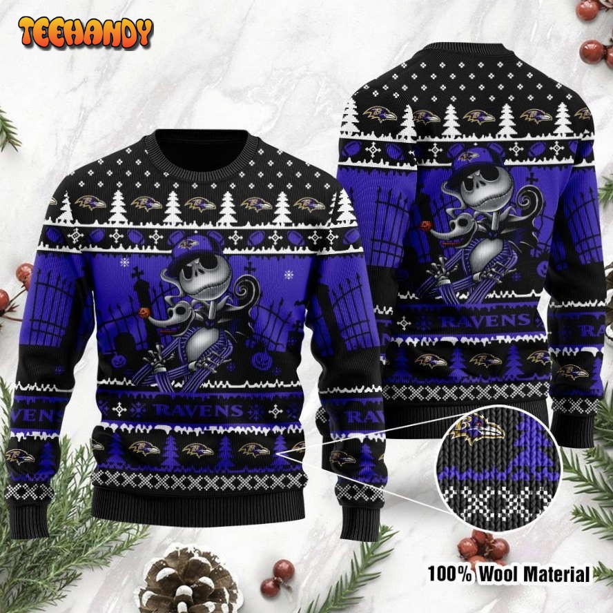 Baltimore Ravens Jack Skellington Halloween Holiday Party Ugly Sweater