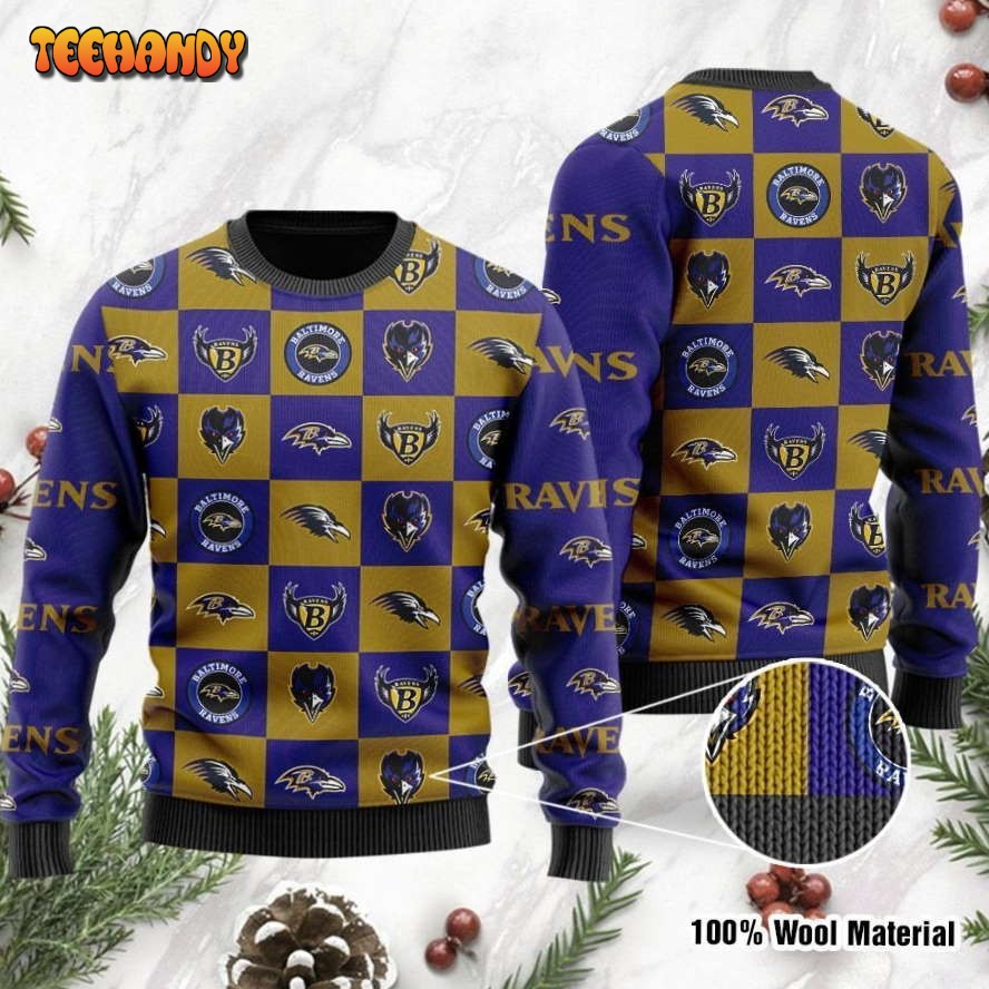 Baltimore Ravens Logo Checkered Flannel Design Ugly Christmas Sweater