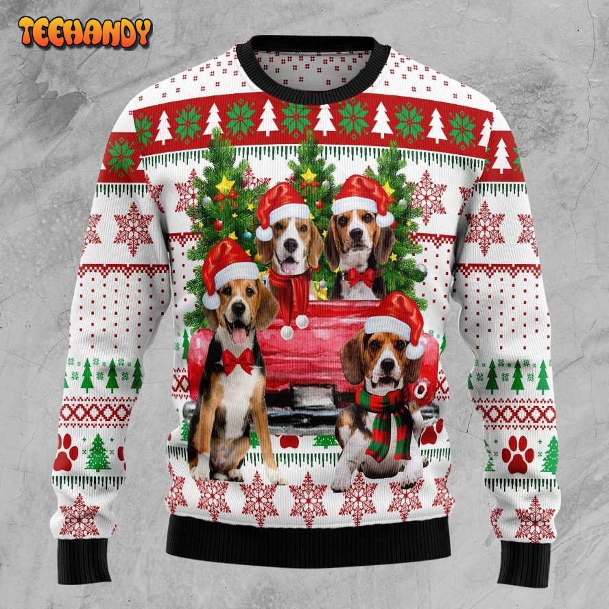 Beagle Red Truck Ugly Christmas Sweater, All Over Print Sweatshirt