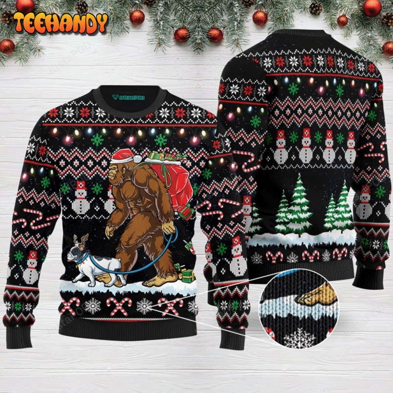 Bigfoot And French Bulldog Ugly Christmas Sweater, All Over Print Sweatshirt