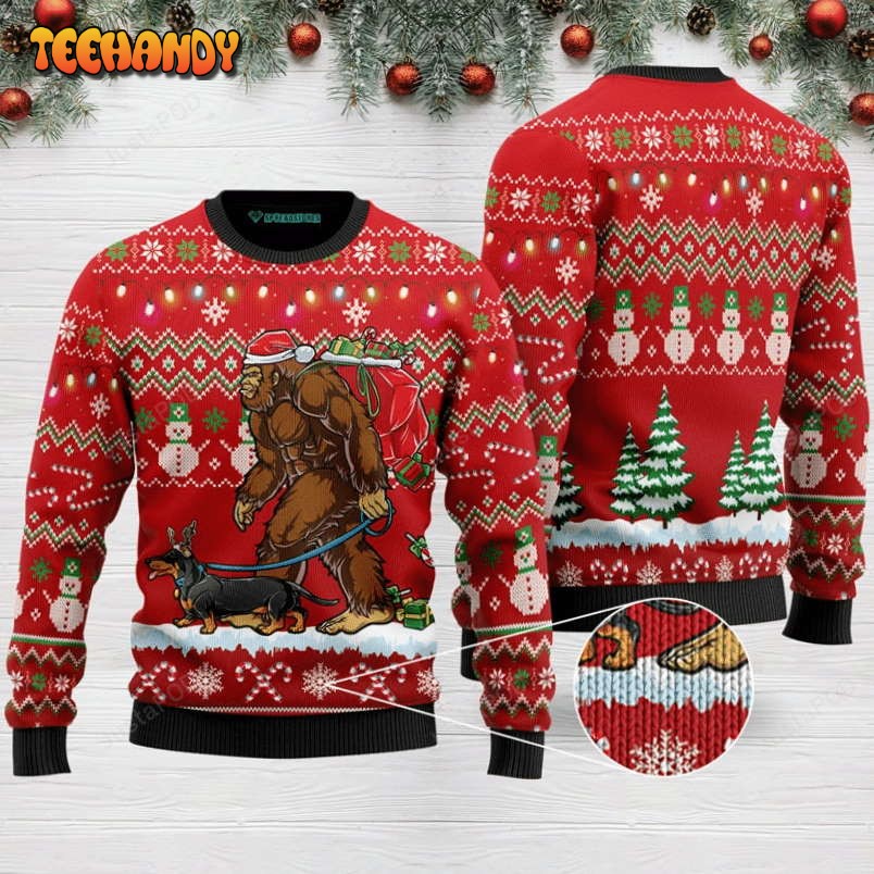 Bigfoot Dachshund Ugly Christmas Sweater, All Over Print Sweatshirt