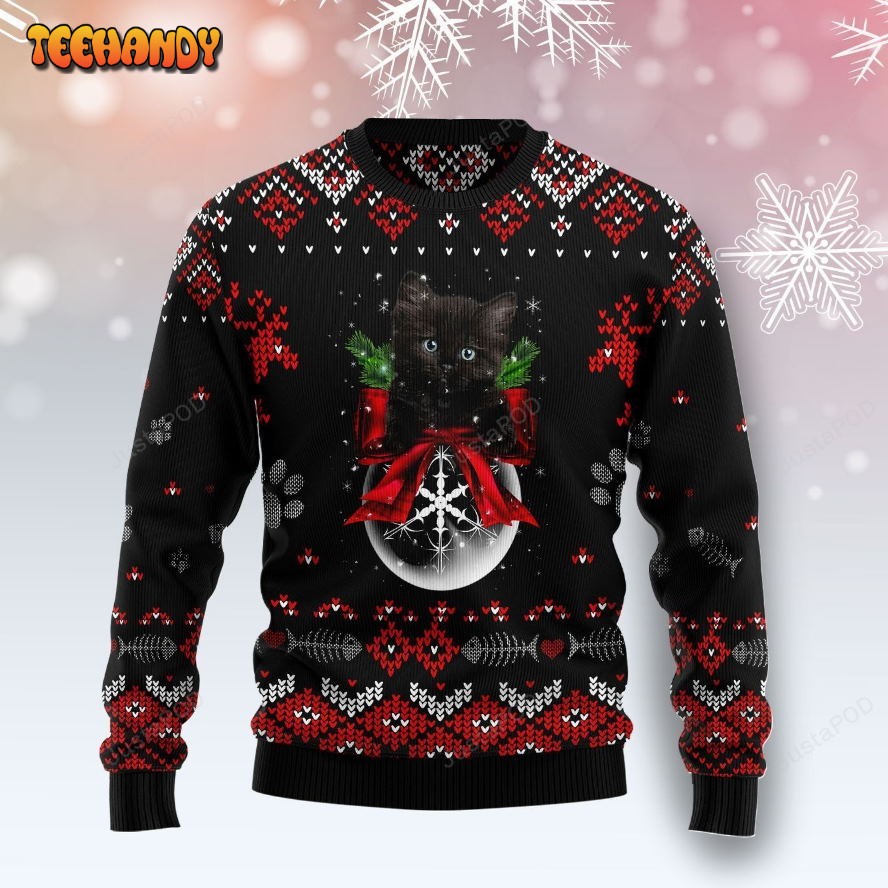 Black Cat And Ornament Christmas Ugly Christmas Sweater, Ugly Sweater