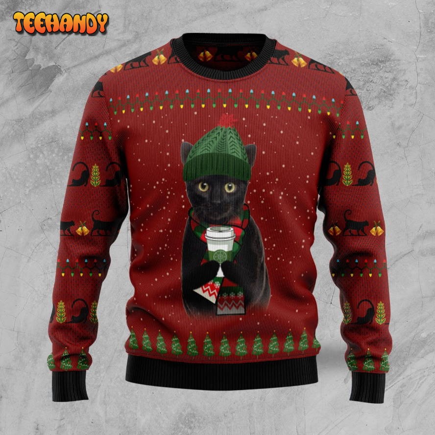 Black Cat Coffee Ugly Christmas Sweater, All Over Print Sweatshirt