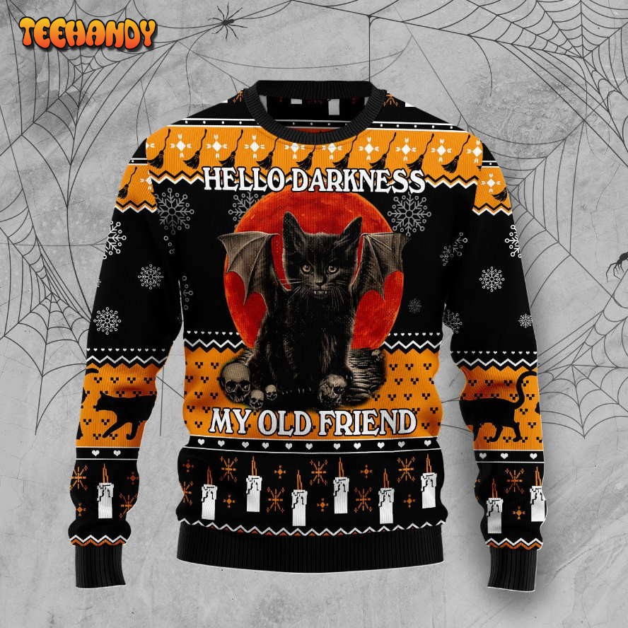 Black Cat Hello Darkness Ugly Christmas Sweater, All Over Print Sweatshirt