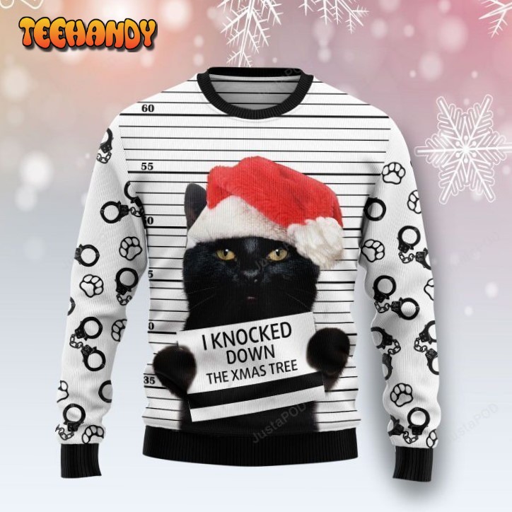 Black Cat Knocked Down Ugly Christmas Sweater, All Over Print Sweatshirt