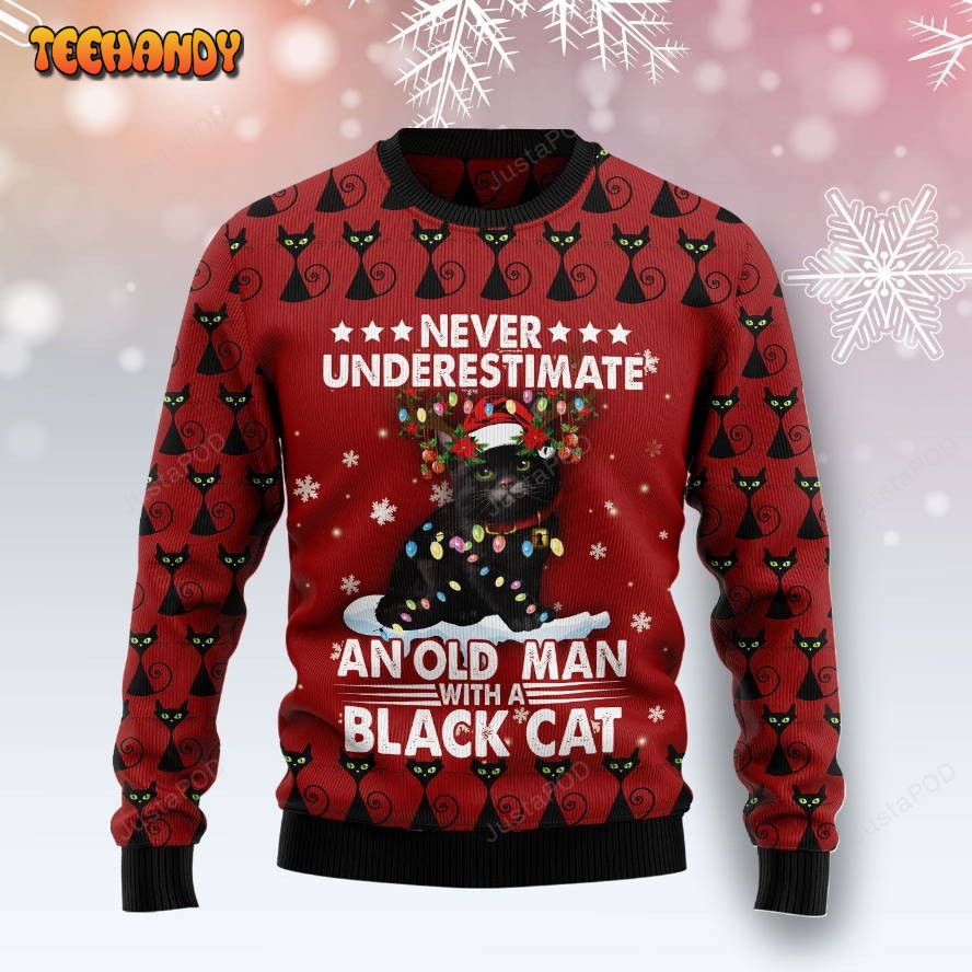 Black Cat Old Man Ugly Christmas Sweater, Ugly Sweater, Christmas Sweaters