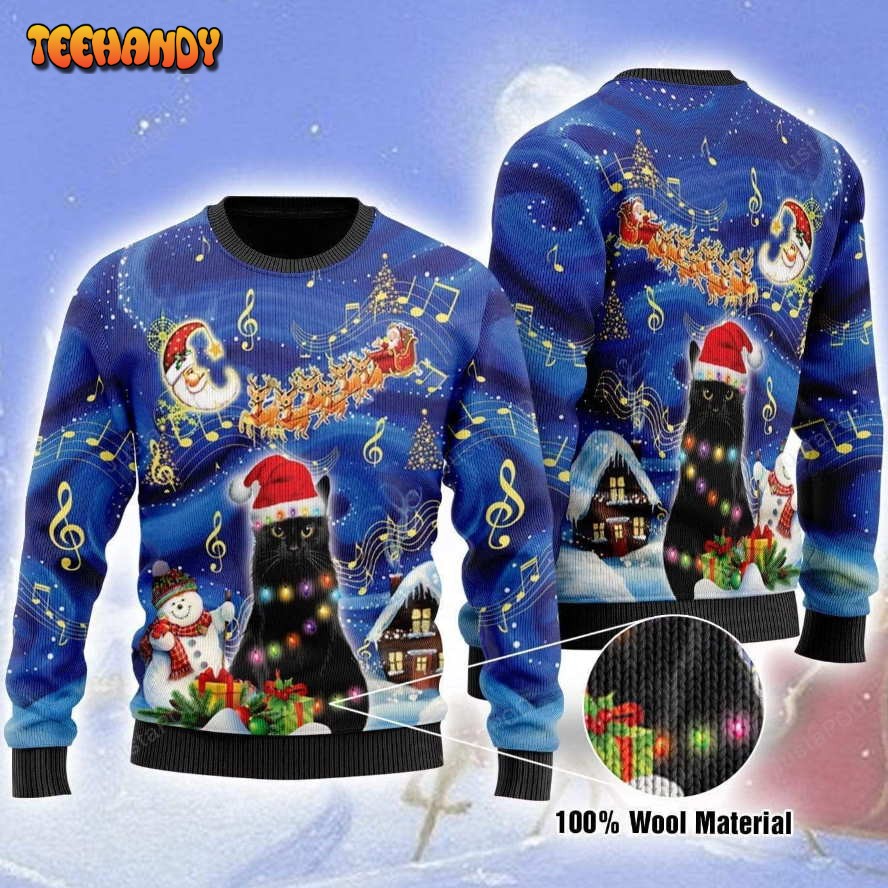 Black Cat On Christmas Night Ugly Christmas Sweater, All Over Print Sweatshirt