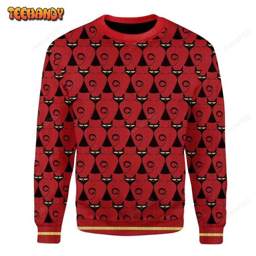 Black Cat Pattern Ugly Christmas Sweater, All Over Print Sweatshirt