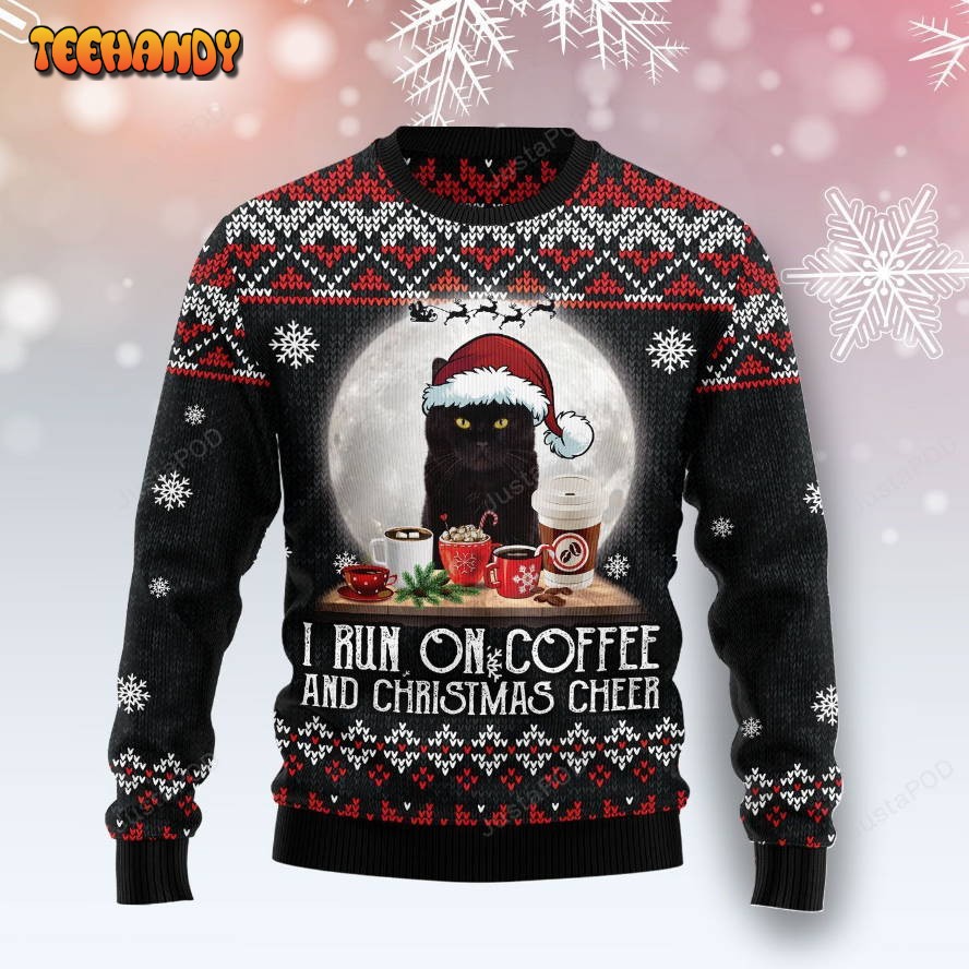 Black Cat Run On Coffee Ugly Christmas Sweater, Ugly Sweater