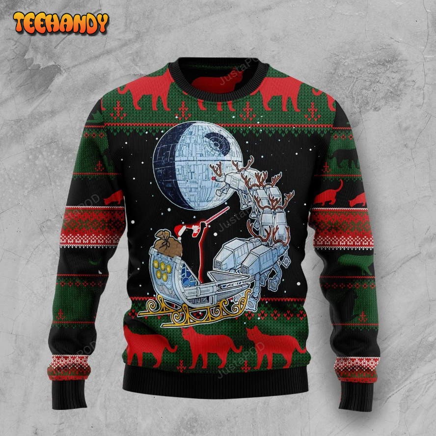 Black Cat Sleigh To Death Star Ugly Christmas Sweater, All Over Print Sweatshirt