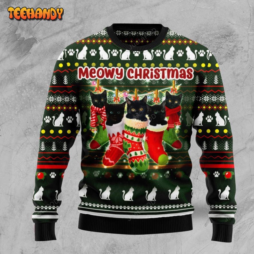 Black Cat Socks Meowy Christmas Ugly Christmas Sweater, Ugly Sweater