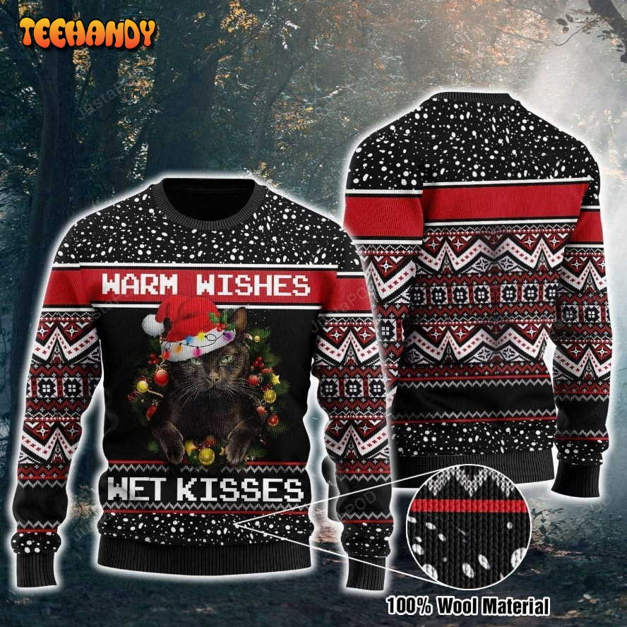 Black Cats Warm Wishes Wet Kisses Ugly Christmas Sweater, Ugly Sweater