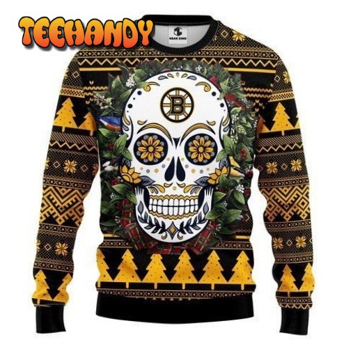 Boston Bruins Skull Flower For Unisex Ugly Christmas Sweater, Ugly Sweater