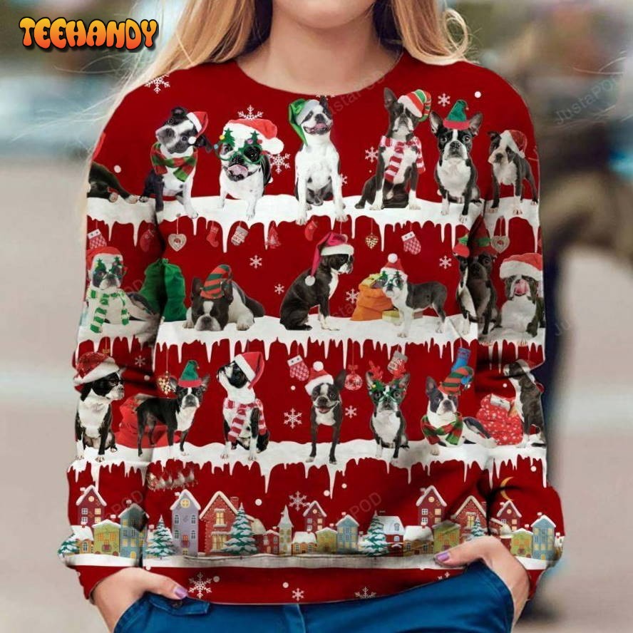 Boston Terrier Dog Snow Christmas Ugly Sweater, Ugly Sweater