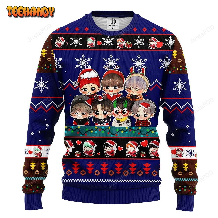 Bts Army Chibi Cute Ugly Christmas Sweater Blue Ugly Sweater