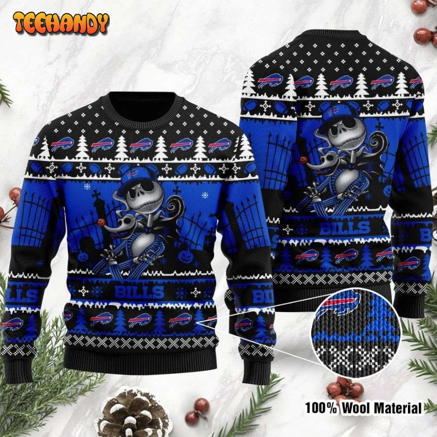 Buffalo Bills Jack Skellington Halloween Holiday Party Ugly Christmas Sweater