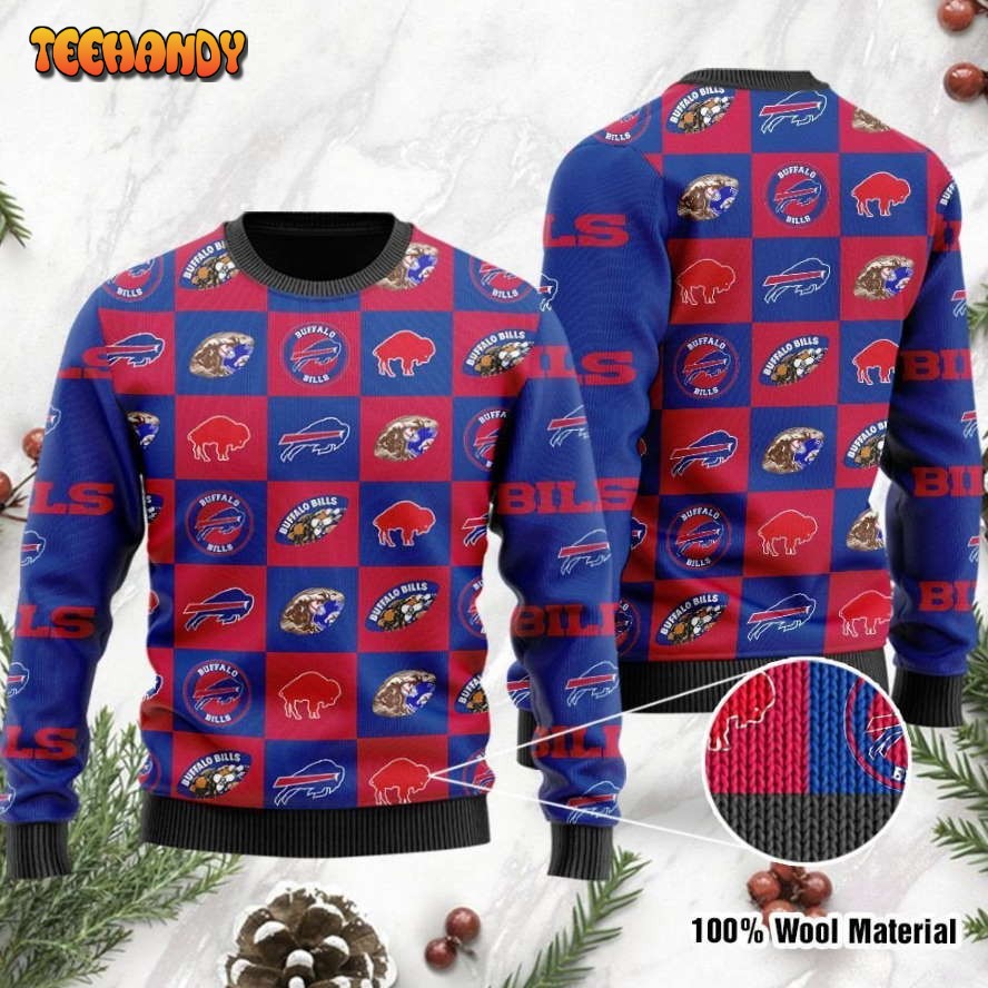 Buffalo Bills Logo Checkered Flannel Design Ugly Christmas Sweater, Ugly Sweater