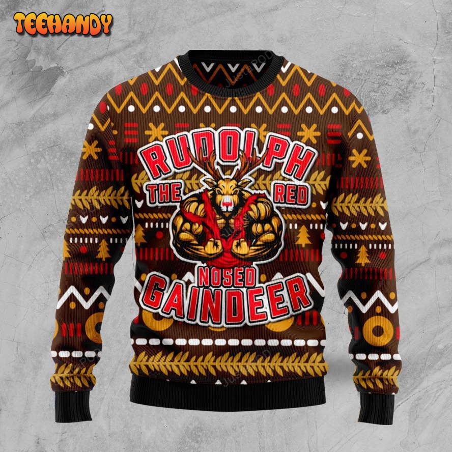 Buffed Rudolph The Red Nosed Reindeer Ugly Christmas Sweater, Ugly Sweater