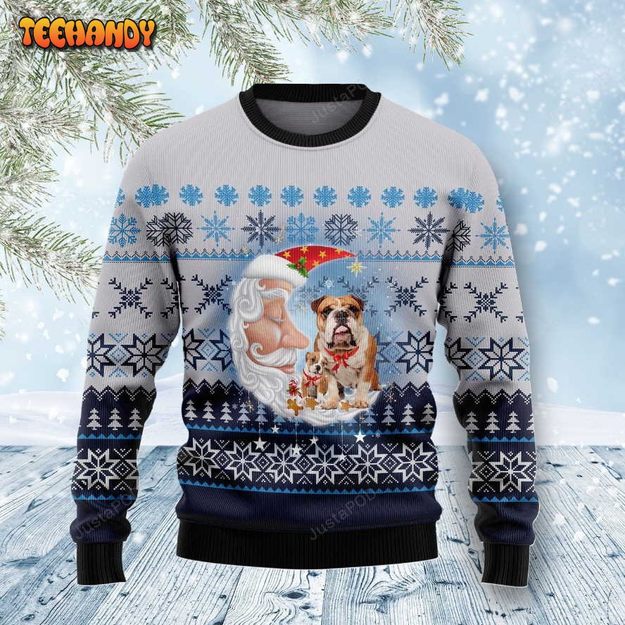 Bulldog Love Santa Moon Ugly Christmas Sweater, Ugly Sweater