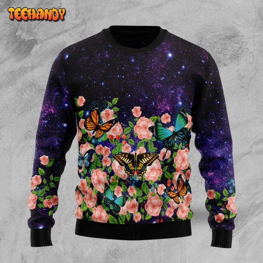 Butterfly Flowers Ugly Christmas Sweater, All Over Print Sweatshirt, Ugly Sweater