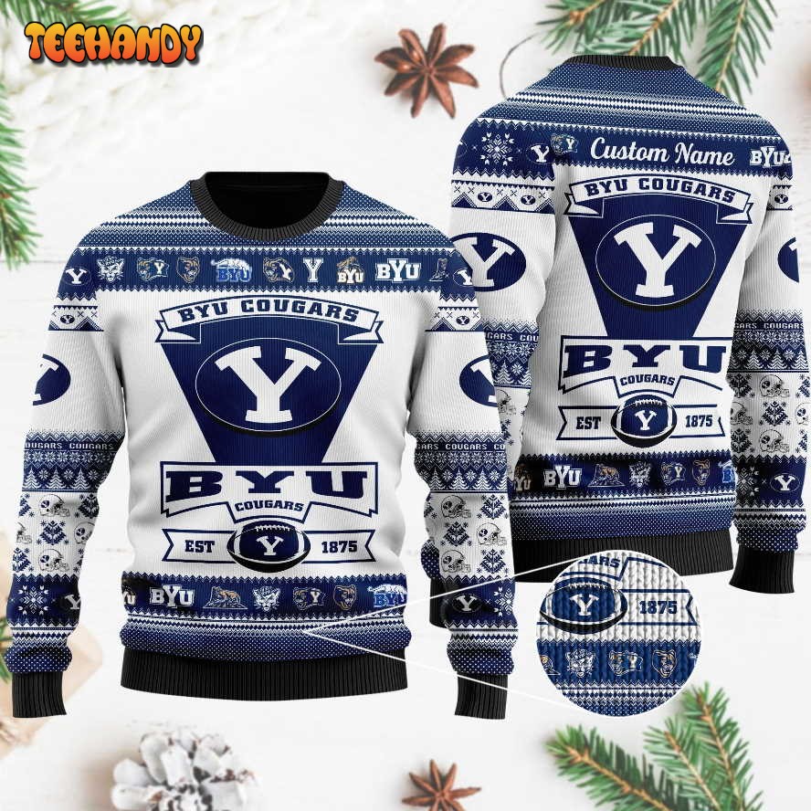 BYU Cougars Football Team Logo Custom Name Personalized Ugly Sweater