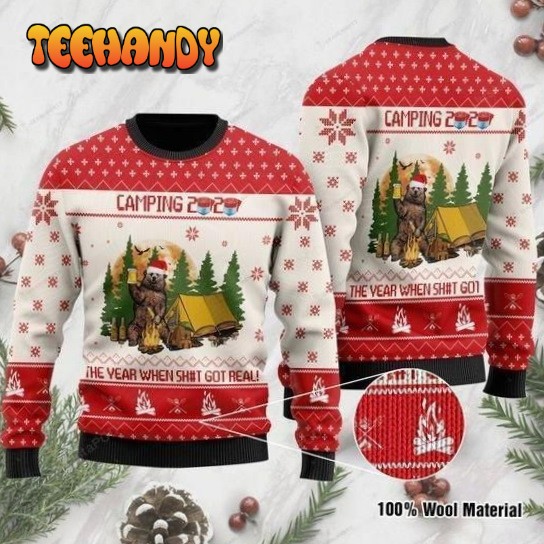 Camping With Funny Sayings And Bear Drinking Beer Ugly Christmas Sweater