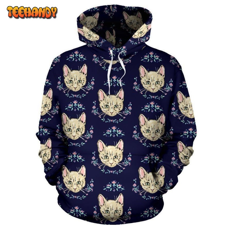 Cat Head with flower Print Pattern Pullover 3D Hoodie For Men Women