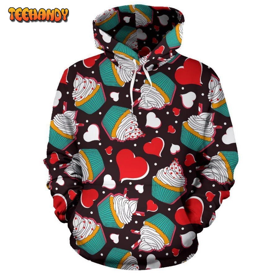 Cupcakes Heart Print Pattern Pullover 3D Hoodie For Men Women