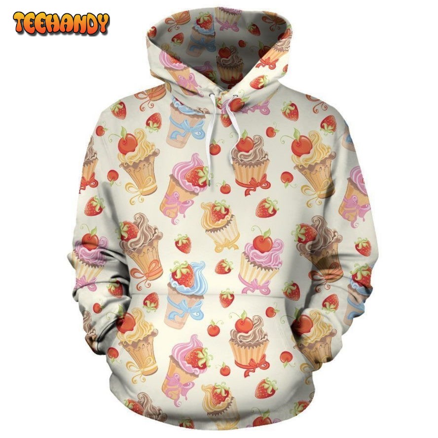 Cupcakes Strawberry Cherry Print Pullover 3D Hoodie For Men Women