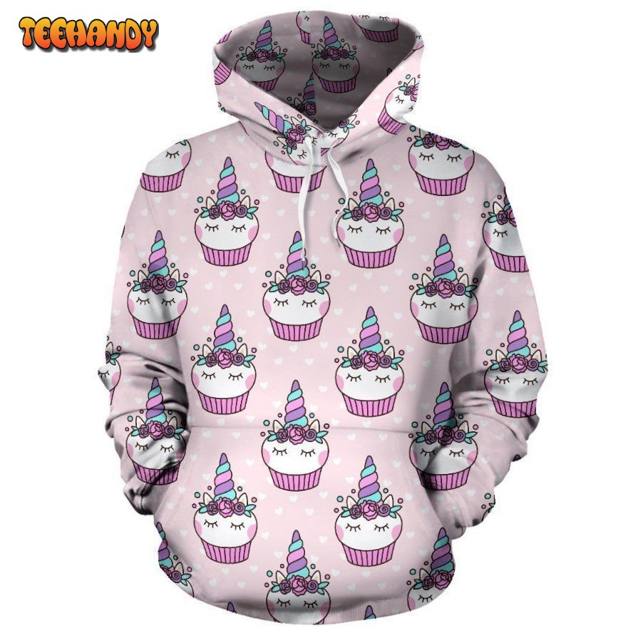 Cupcakes Unicorn Print Pattern Pullover 3D Hoodie For Men Women