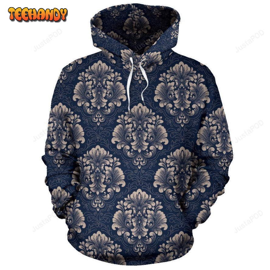 Damask Blue Luxury Print Pattern Pullover 3D Hoodie For Men Women