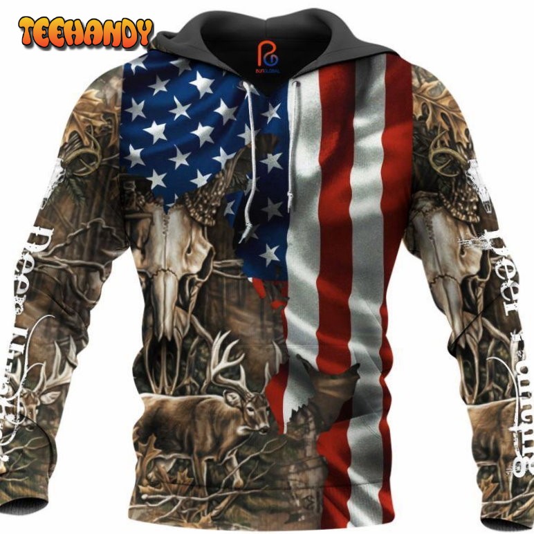 Deer Hunting American Flag 3D Hoodie All Over Printed Hoodie