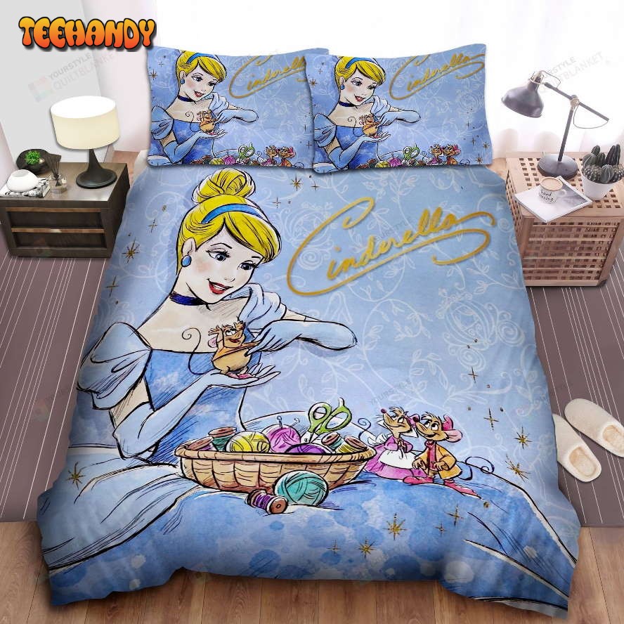 Disney Princess Cinderella and The Mice Drawing Comforter Bedding Sets