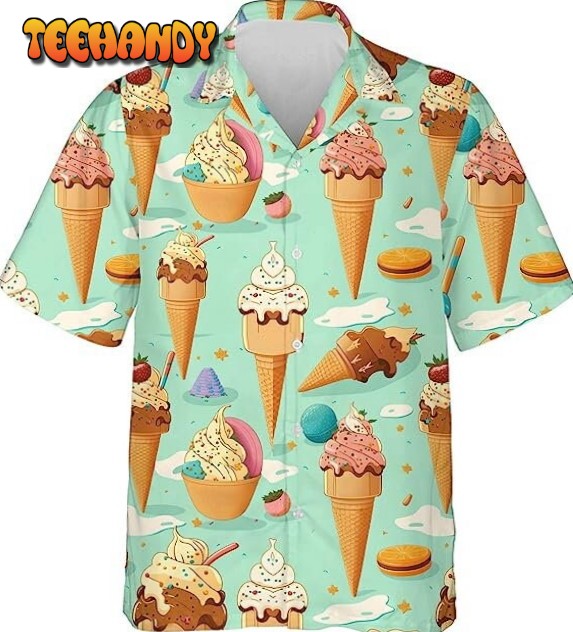 Ice Cream Hawaiian Shirt,Summer Dessert Casual Button Down Luau Shirt