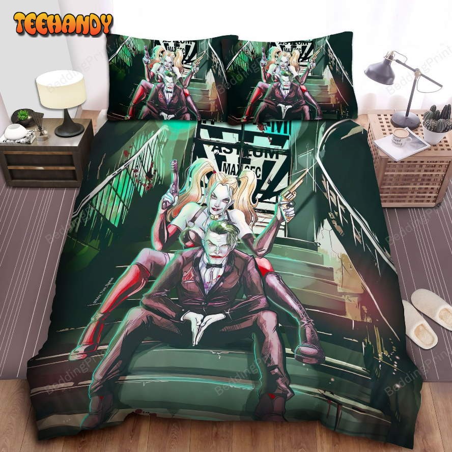 Joker And Harley On Stair With Guns Bed Sheets Duvet Cover Bedding Sets