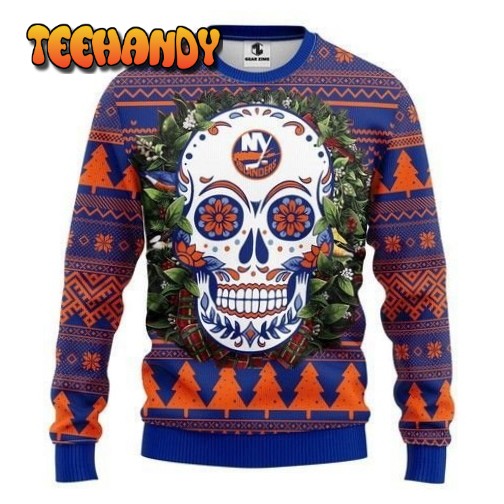 Nhl New York Islanders Skull Flower Ugly Christmas Sweater, Ugly Sweater