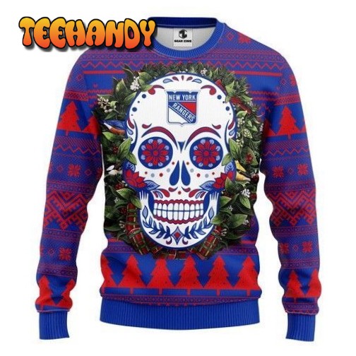 Nhl New York Rangers Skull Flower Ugly Christmas Sweater, Ugly Sweater