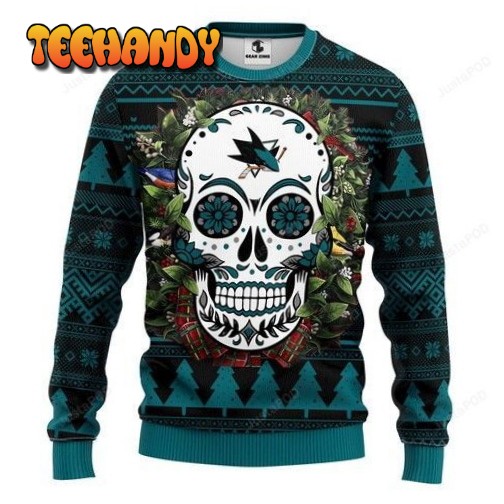 Nhl San Jose Sharks Skull Flower Ugly Christmas Sweater, Ugly Sweater