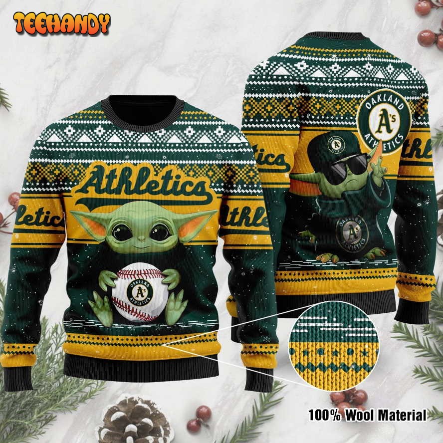 Oakland Athletics Grogu Baby Yoda Hug Logo Ugly Christmas Sweater