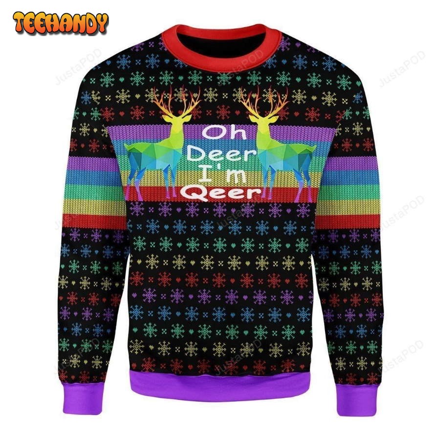 Oh Deer I’m Qeer LGBT Ugly Christmas Sweater, All Over Print Sweatshirt