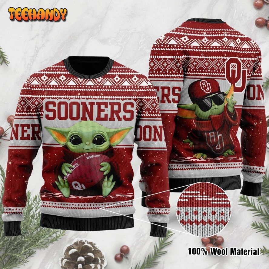 Oklahoma Sooners Grogu Baby Yoda Hug Logo Ugly Christmas Sweater