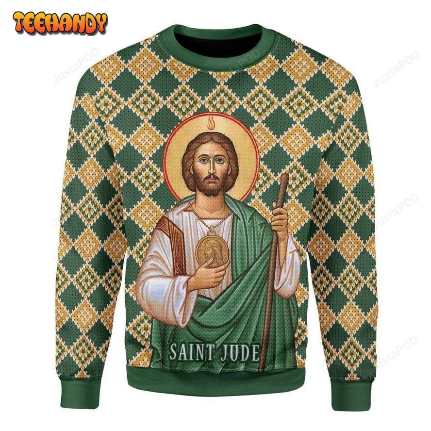 Orange Green Rhombus Pattern Saint Jude Portrait Of Jesus Unisex Ugly Sweater