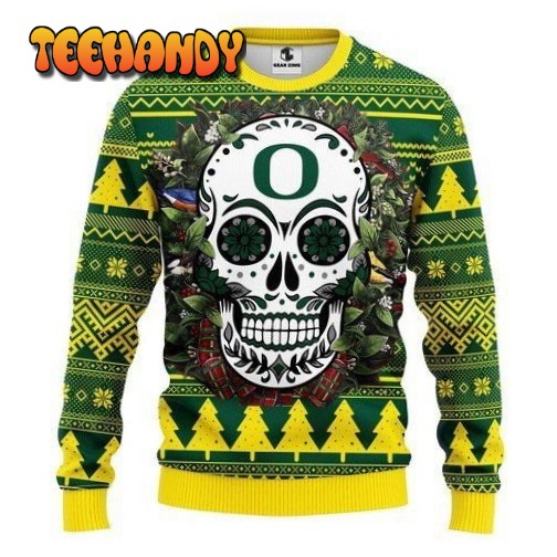 Oregon Ducks Skull Flower For Unisex Ugly Christmas Sweater, Ugly Sweater