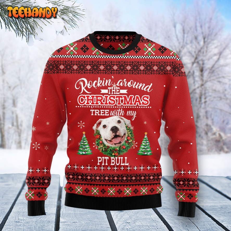 Pitbull Rockin Ugly Christmas Sweater, All Over Print Sweatshirt