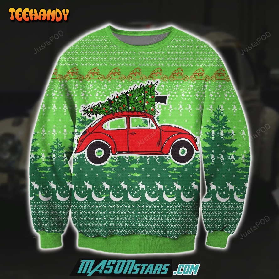 Red Bug Car 3D Print Knitting Pattern Ugly Christmas Sweater, Ugly Sweater