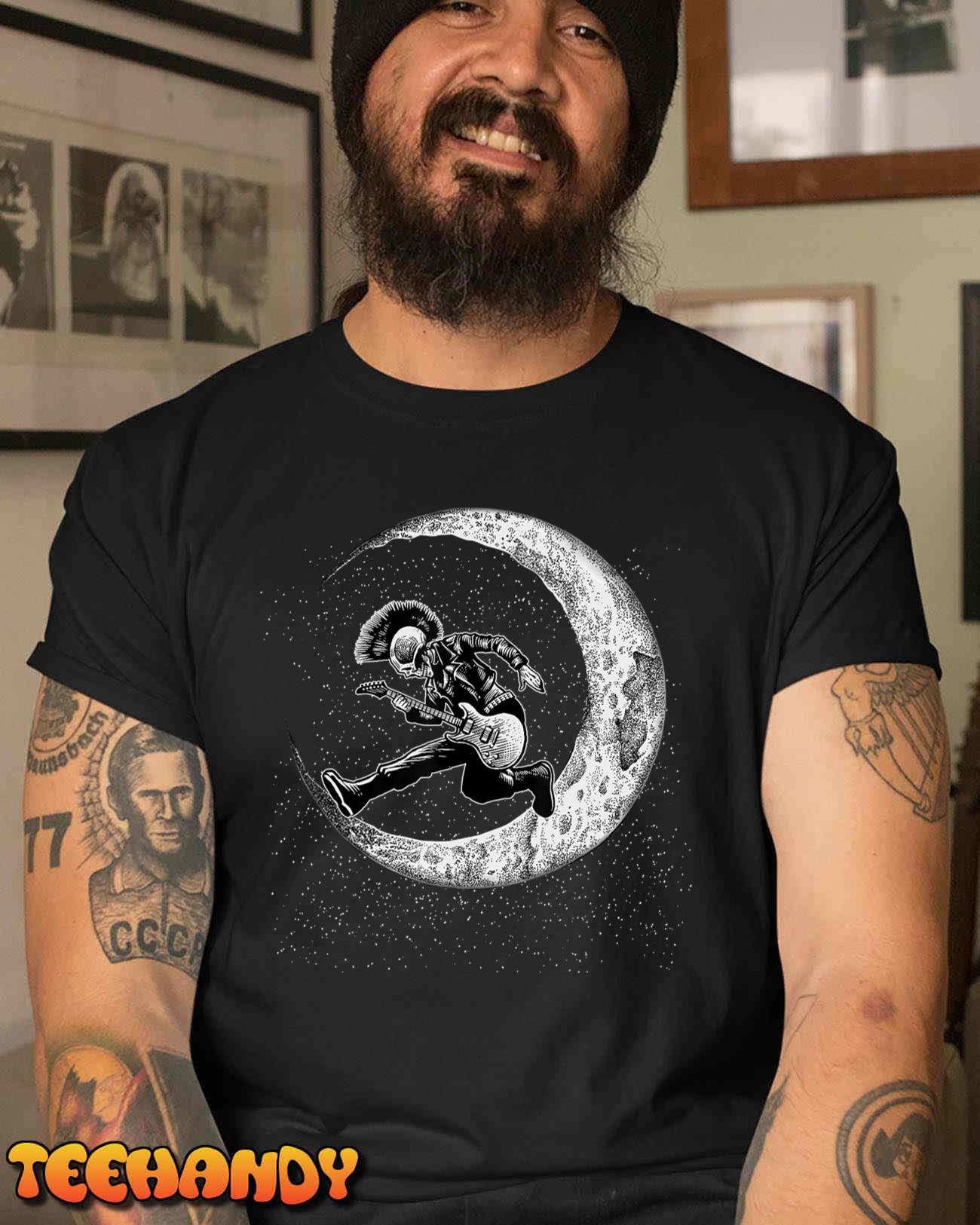 Rock On Skeleton Moon Rock And Roll Funny Halloween Spooky T-Shirt