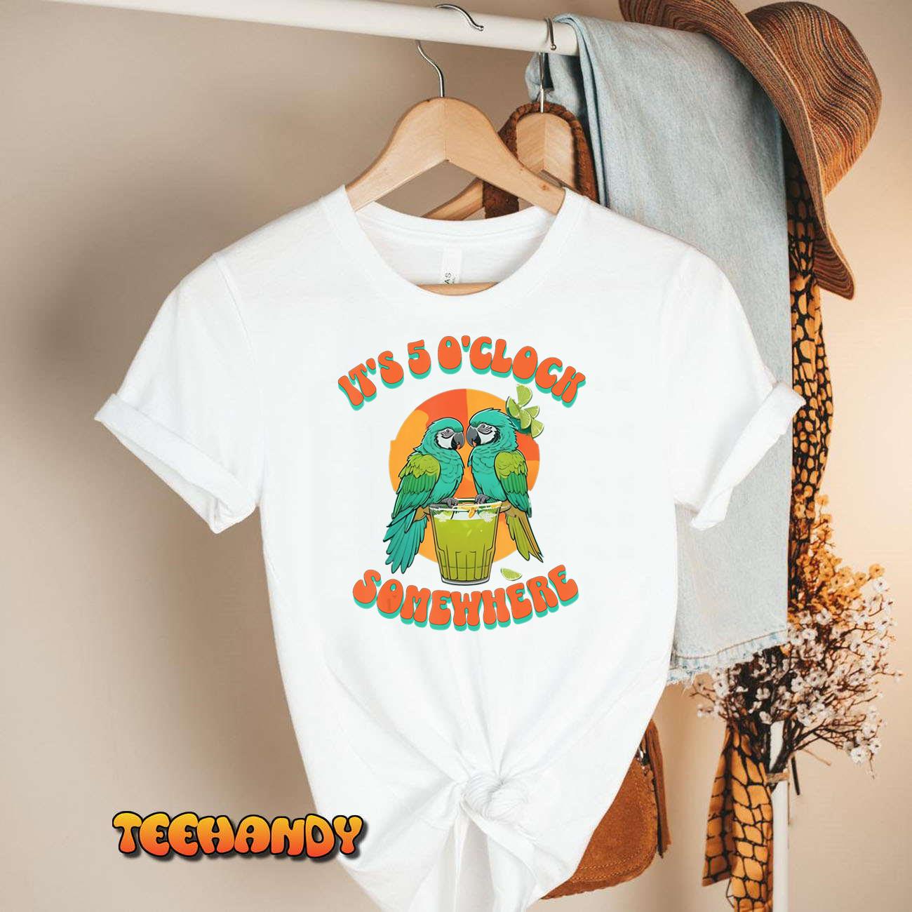 Vintage It’s 5 O’clock Somewhere Parrots Drinking Cocktail T-Shirt